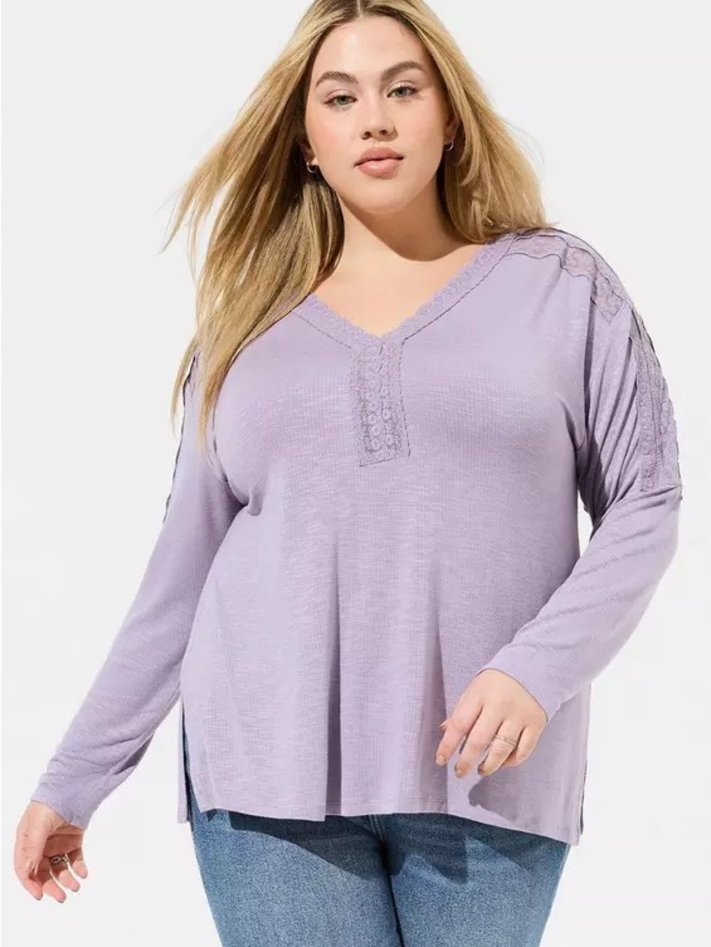 Torrid Super Soft Slub Long Sleeve Lace Yoke Top